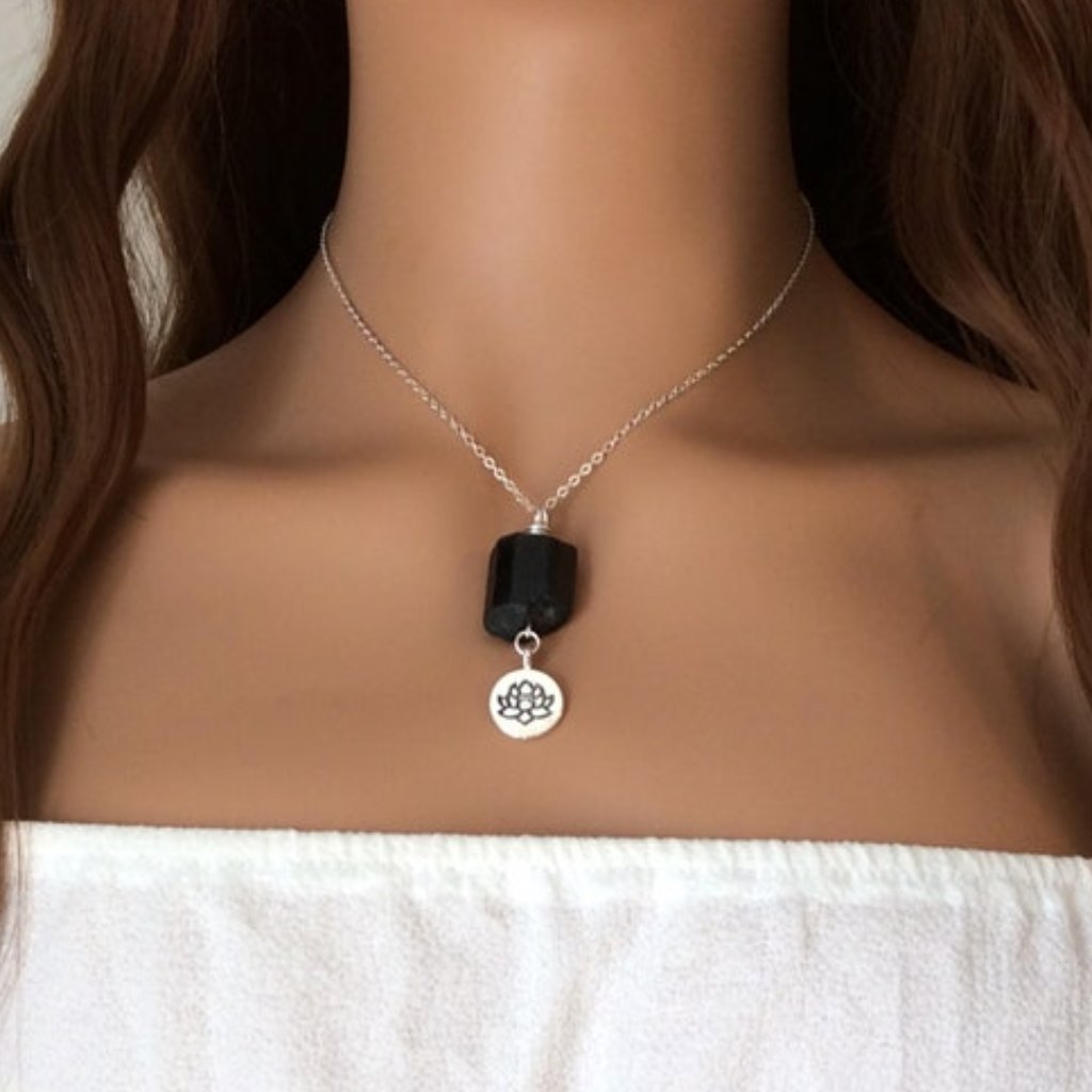 Raw Black Tourmaline Necklace With Lotus Charm, Healing Necklace, Protection